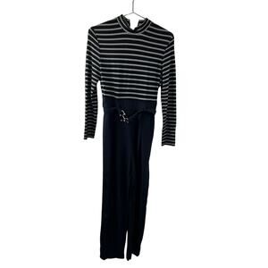 VINTAGE J.S.J Petite Black White Stripe Mock Neck Long Sleeve Belted Jumpsuit S